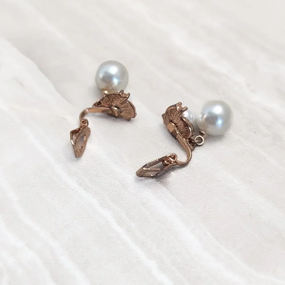 Vintage Clip On Earrings Copper Tone, Faux Pearl, Clear Gem - Condition Issues
